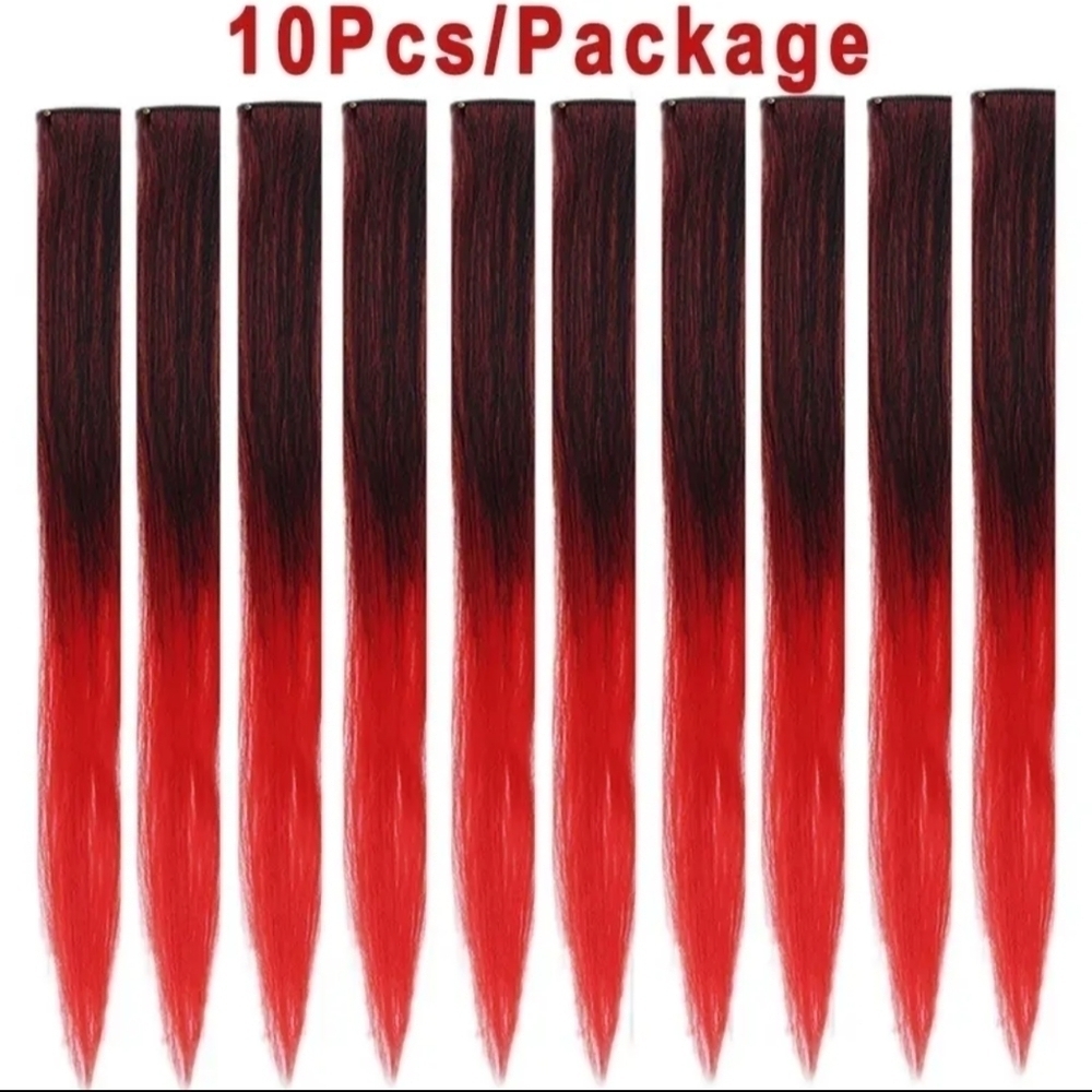 New 10 PC woman multi tone hair clips red synthetic hair extension 22 inch